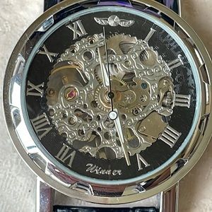 WINNER men battery leather band stainless steel water resistant windup